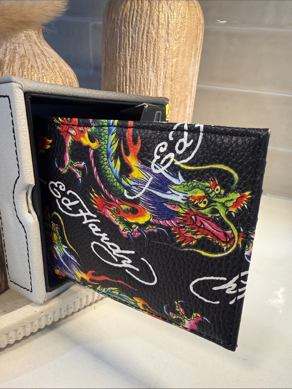 Ed Hardy Black Wallet with Multicolor Dragon Print